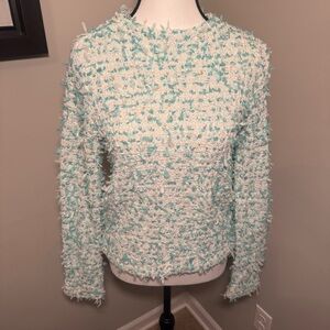 Ann Taylor‎ Aqua Ivory Textured Fringe Knit Sweater XS Metallic Gold Thread